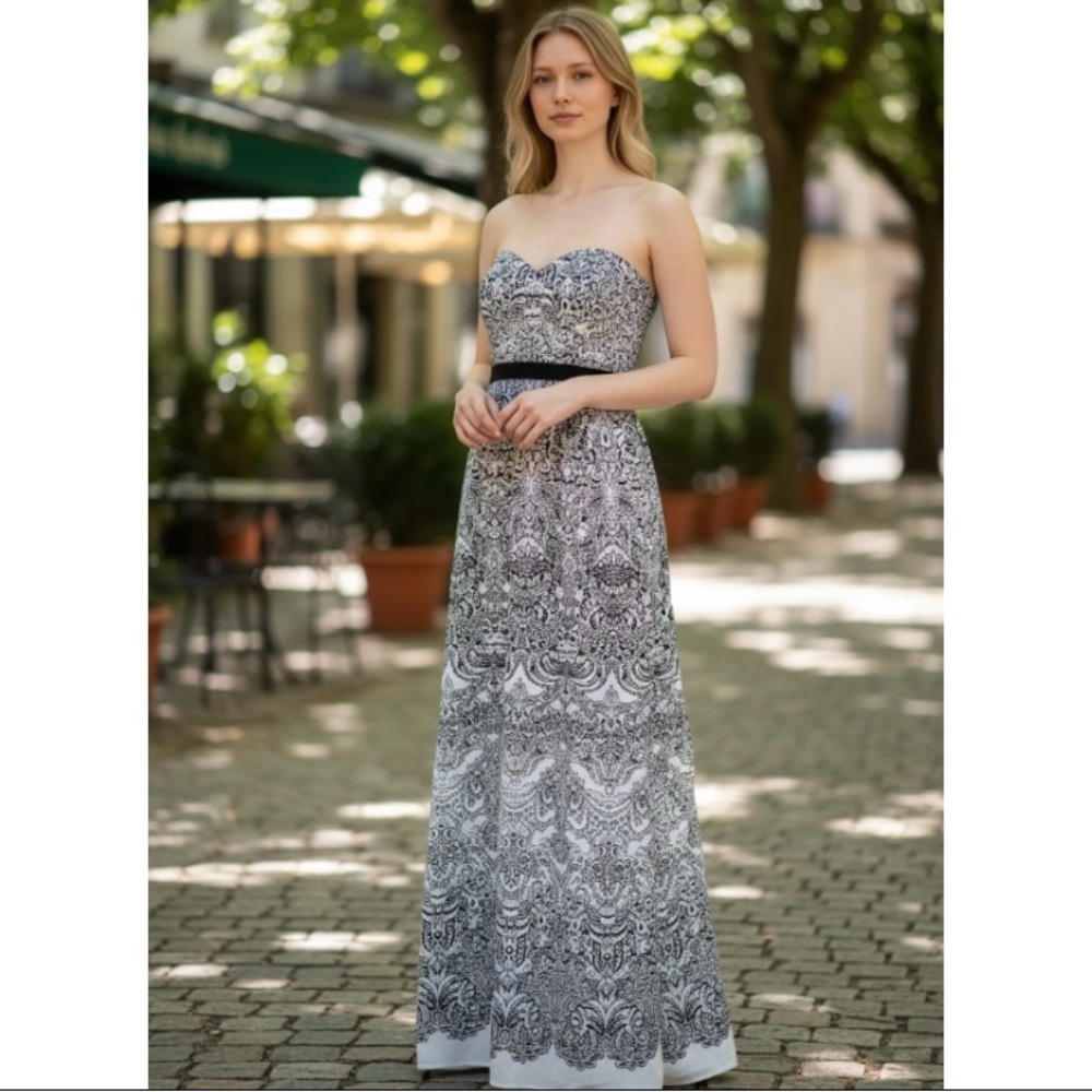 BCBGMaxAzria Black and White Amber Chiffon Strapless Corset Gown